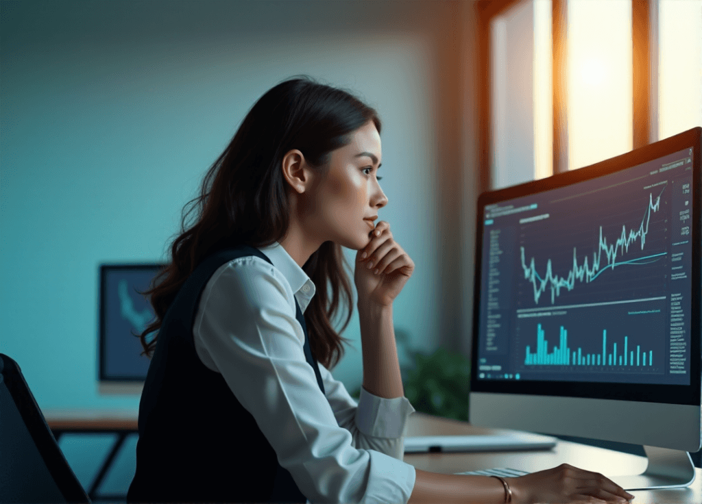 "A young professional sits at a modern desk, intensely studying data visualization on her computer screen, exuding confidence in AI automation skills."