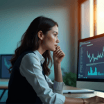 "A young professional sits at a modern desk, intensely studying data visualization on her computer screen, exuding confidence in AI automation skills."