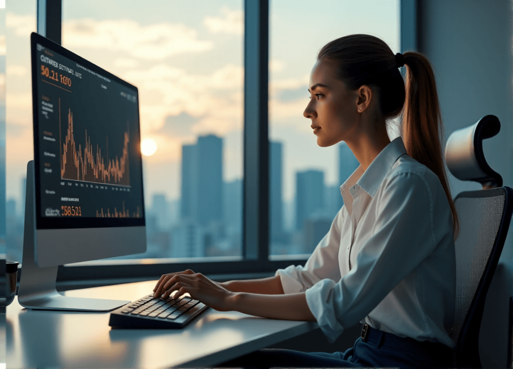 "A young businesswoman sits at a modern desk, analyzing customer sentiment data on her computer screen with intent expression."