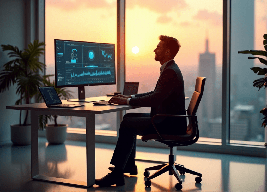 "A confident business executive sits at a modern desk, gazing at an AI automation dashboard on a large touchscreen monitor, surrounded by high-tech gadgets in a minimalist office space with natural light."