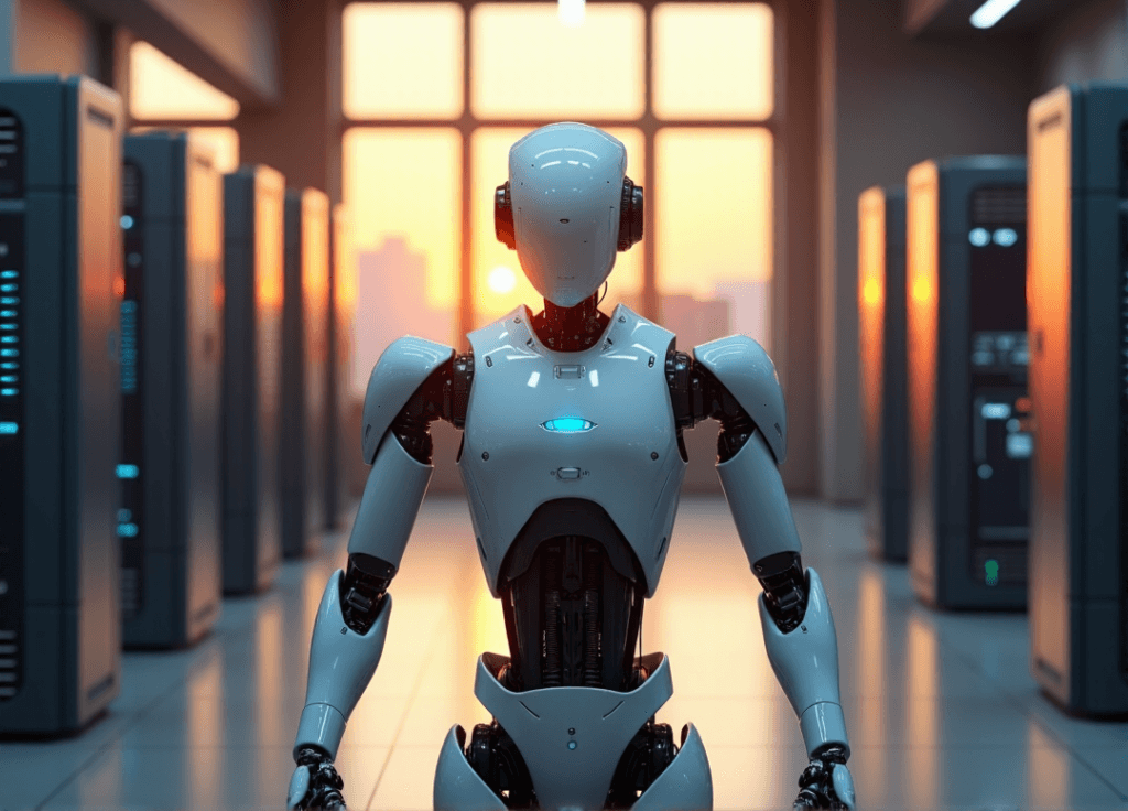 "A futuristic office workspace featuring a sleek robotic arm surrounded by high-tech servers, emitting soft blue glow, with delicate wires and micro-sensors pulsing with energy."