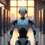 "A futuristic office workspace featuring a sleek robotic arm surrounded by high-tech servers, emitting soft blue glow, with delicate wires and micro-sensors pulsing with energy."