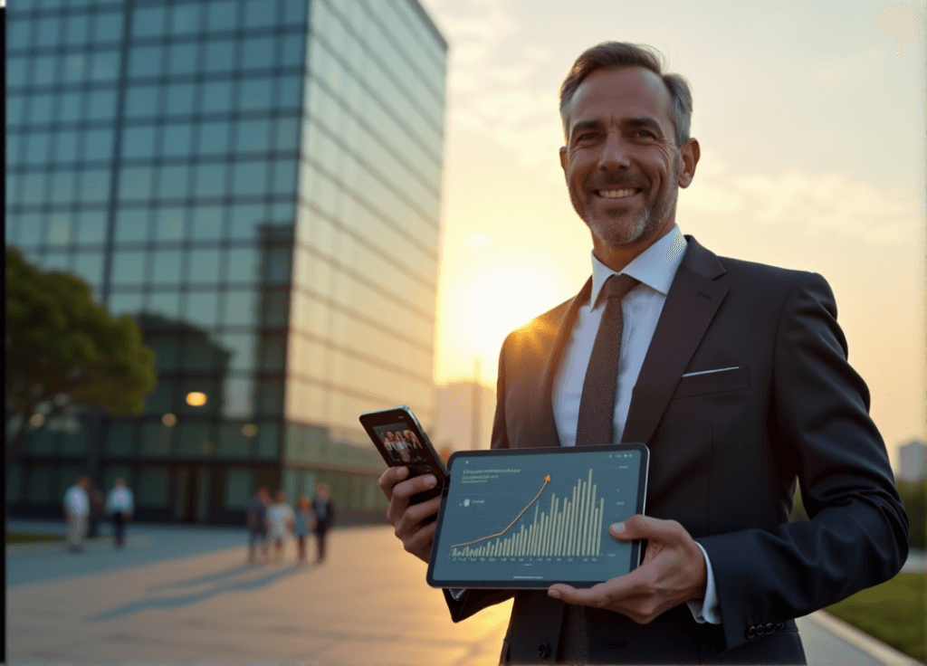 "CEO standing confidently in front of a modern glass building, holding an AI-powered tablet and smartphone, symbolizing future-proofing and community engagement through AI automation skills."