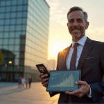 "CEO standing confidently in front of a modern glass building, holding an AI-powered tablet and smartphone, symbolizing future-proofing and community engagement through AI automation skills."