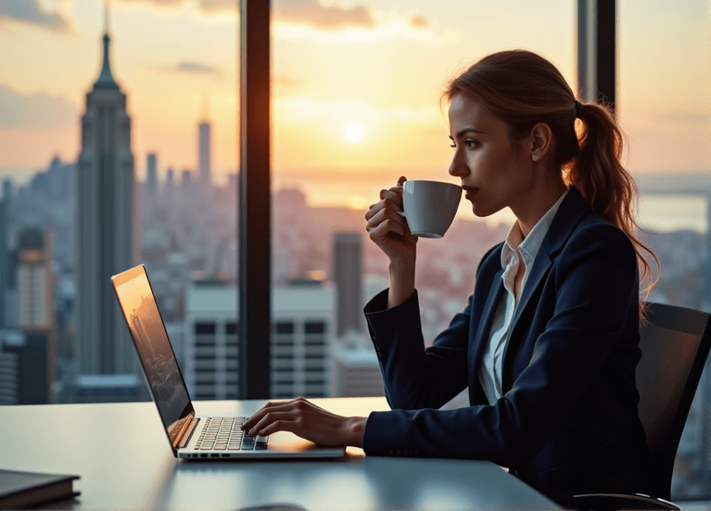 "A business executive sits at a modern desk, analyzing customer behavior analytics on her laptop, with AI automation skills guiding her strategic planning amidst a bustling cityscape at sunrise."