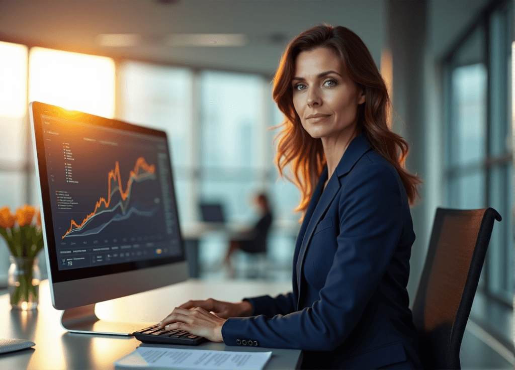 "A middle-aged woman in a navy blue business suit sits at a modern desk, surrounded by data visualizations on her computer screen, exuding confidence and determination as she masters AI automation skills."