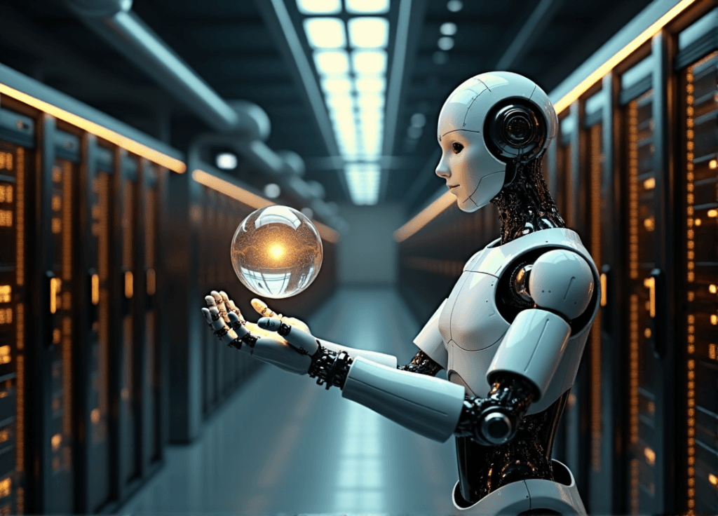 "A sleek robotic arm emerges from a futuristic data center control room, grasping a glowing orb representing business intelligence amidst rows of humming servers and fiber optic cables."