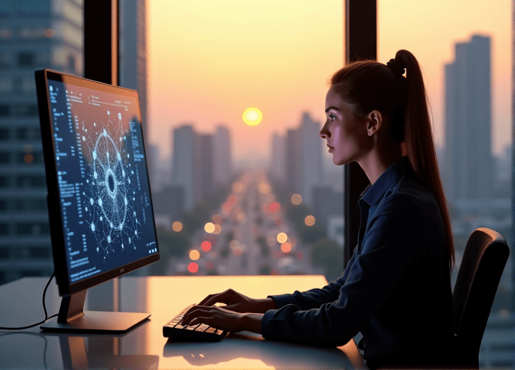"A young professional woman sits confidently at a modern desk, gazing intently at an AI-powered predictive network on her computer screen amidst a golden hour office setting."