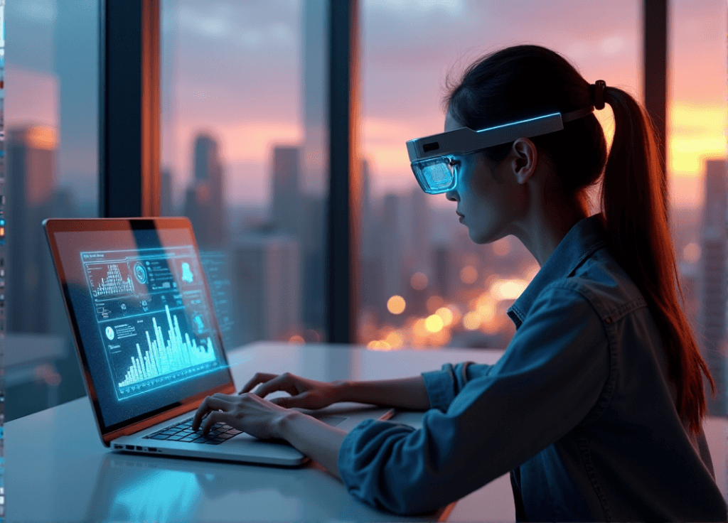 "A young woman sits at a futuristic desk, analyzing data on her laptop's holographic interface while wearing augmented reality glasses, set against a breathtaking cityscape at dusk."