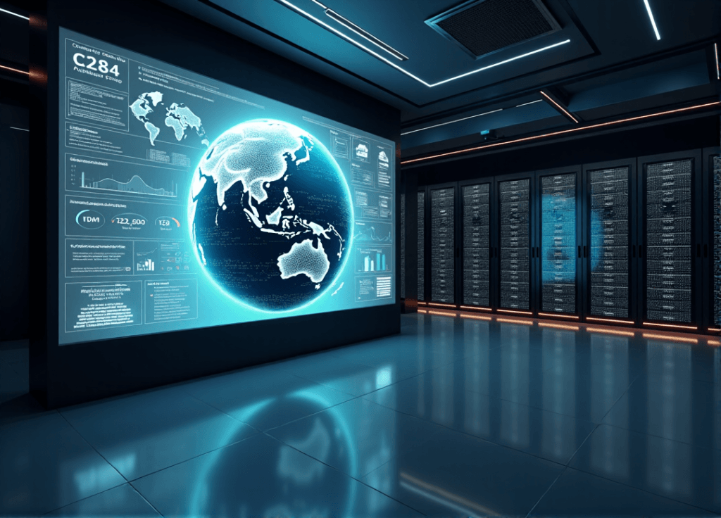 "A futuristic control room with a large touchscreen displaying a 3D globe with animated data visualizations, showcasing AI-driven forecasting and predictive analytics capabilities."