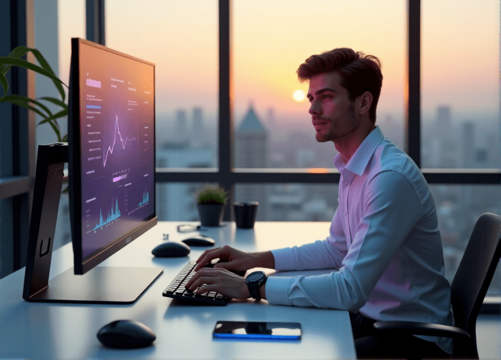 "A young professional sits confidently at a minimalist desk, surrounded by futuristic gadgets, with an AI-powered automation dashboard on a large touchscreen monitor."