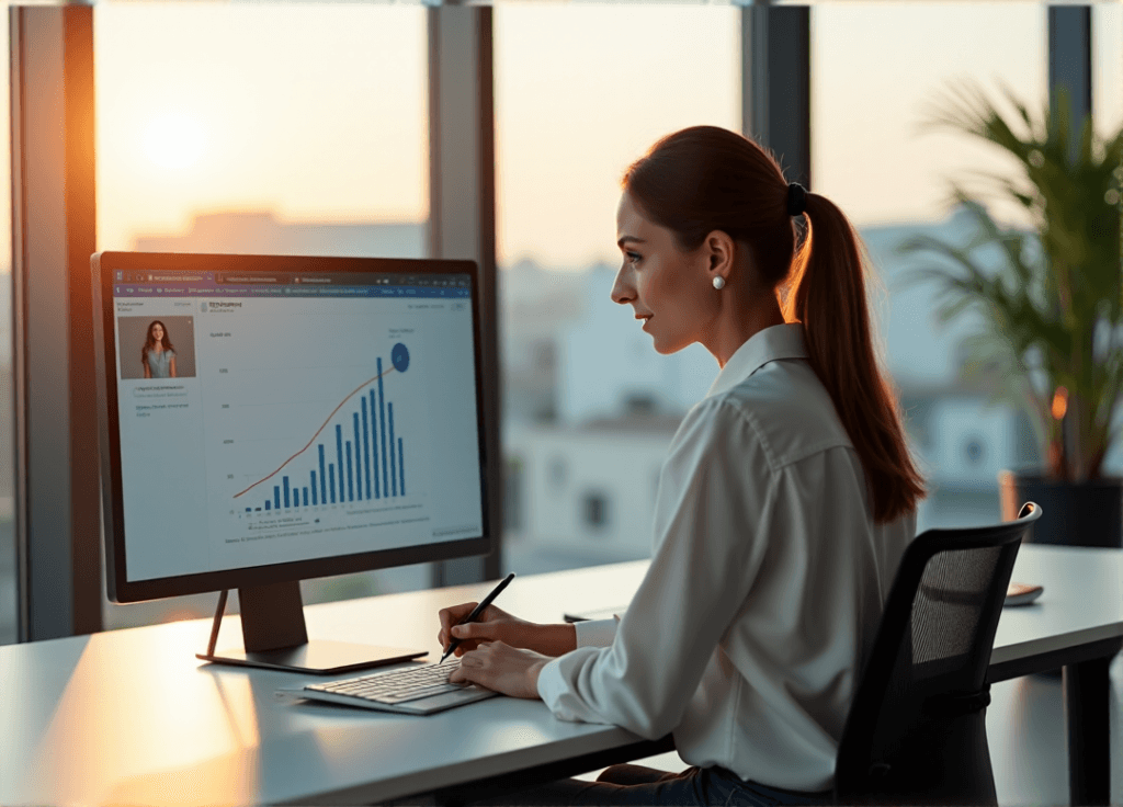 "A young woman sits at a minimalist desk, intensely analyzing customer sentiment data on her computer while an AI-powered virtual assistant nods in approval."