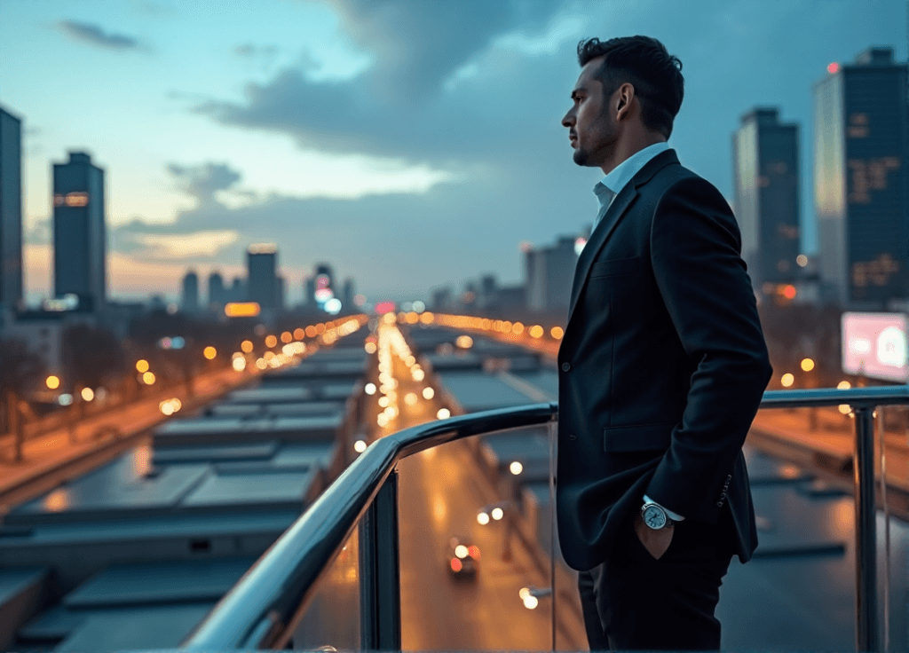 "A business executive stands confidently on a rooftop, gazing out at a bustling cityscape with skyscrapers and neon-lit billboards, exuding determination and strategic thinking."