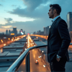 "A business executive stands confidently on a rooftop, gazing out at a bustling cityscape with skyscrapers and neon-lit billboards, exuding determination and strategic thinking."
