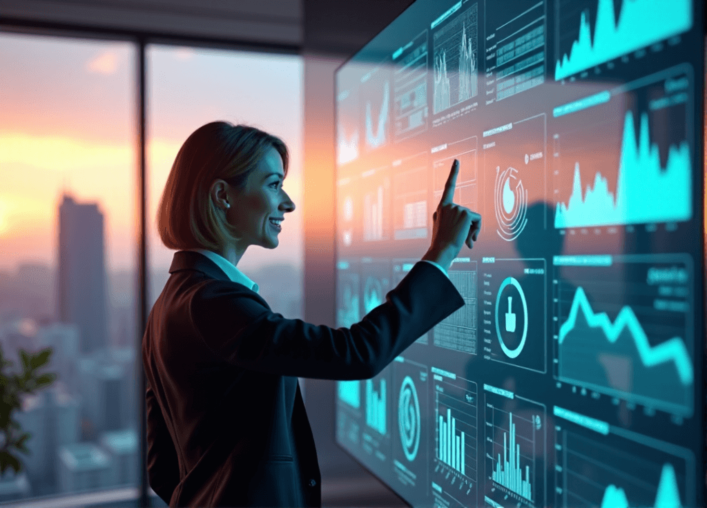 "A woman stands confidently in a modern conference room, gesturing towards an AI-powered transformation dashboard displaying data visualizations and charts illustrating business growth, highlighting her AI automation skills."