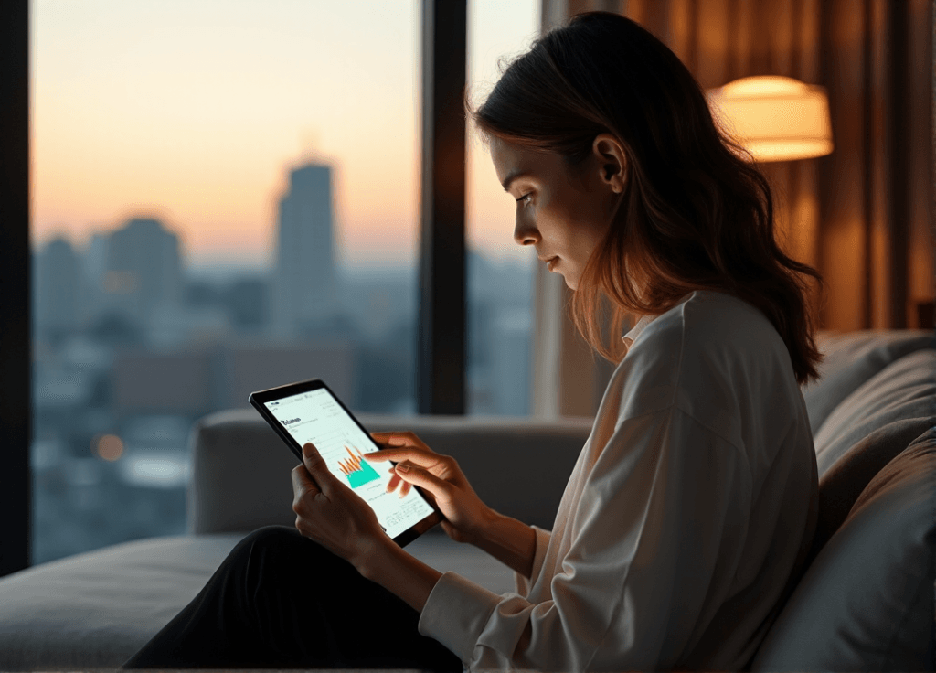 "A young woman intensely focuses on a tablet displaying sentiment analysis data in a modern living room with warm beige tones."