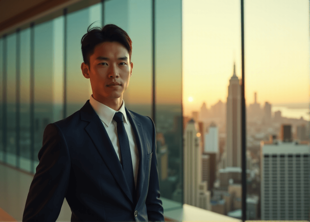 "A young professional stands confidently in front of a cityscape during golden hour, exuding authority with calm determination."