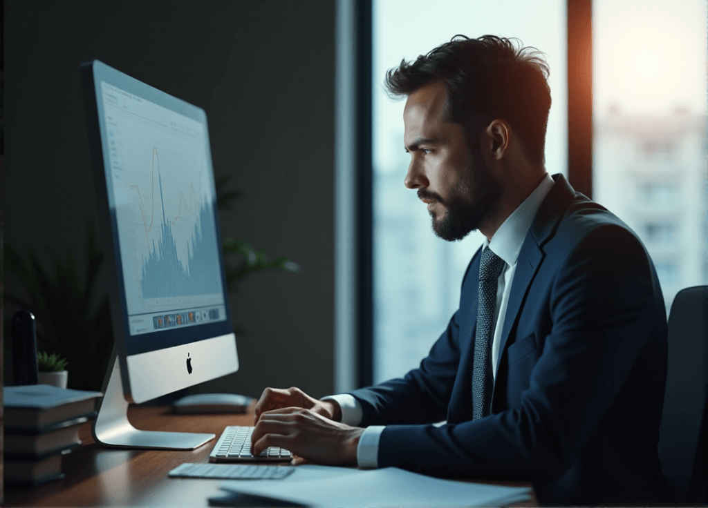 "A business professional sits at a minimalist desk, intensely focused on data visualization graphs and documents, highlighting AI automation skills in market research."