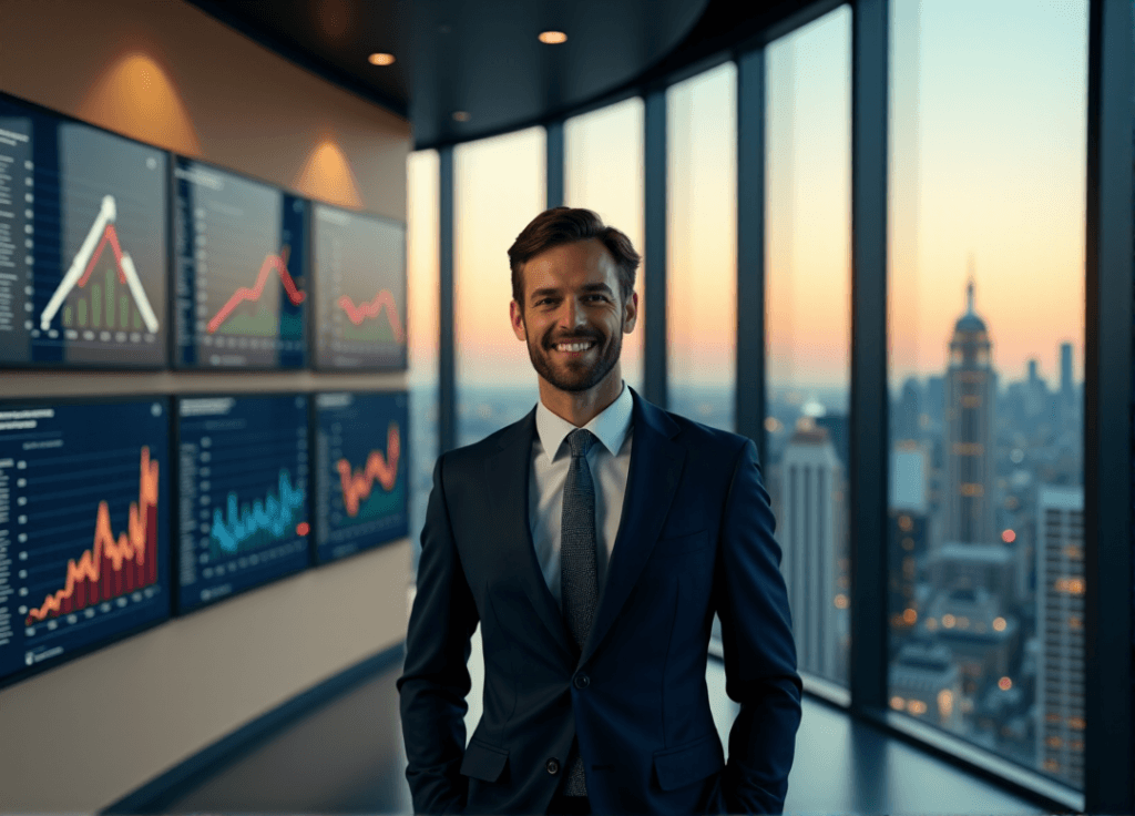 "A business owner stands confidently in front of a modern dashboard displaying analytics metrics, with a cityscape visible through floor-to-ceiling windows at dusk."