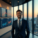 "A business owner stands confidently in front of a modern dashboard displaying analytics metrics, with a cityscape visible through floor-to-ceiling windows at dusk."