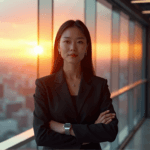 "A young Asian executive stands confidently in a futuristic corporate office, surrounded by AI-driven technology, holographic displays, and robots, showcasing her expertise in AI automation skills."