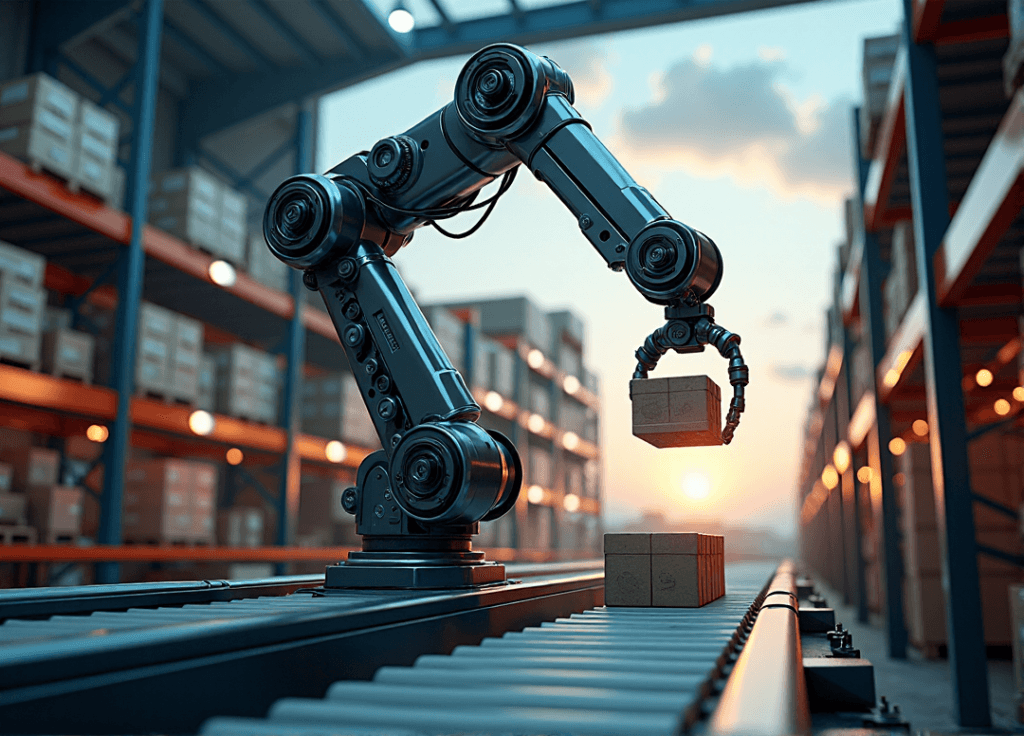 "A futuristic warehouse scene featuring an AI-powered robotic arm navigating high-tech conveyor belts and automated storage systems, showcasing AI automation skills in action."