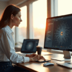 "A young data analyst sits at a modern desk, hands poised over a computer displaying complex customer network graphs, surrounded by digital devices in a minimalist office with warm natural light."