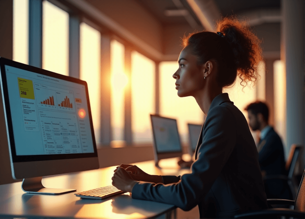 "A young professional studies AI-powered data analytics on a high-resolution computer screen in a modern office setting, showcasing her AI automation skills."