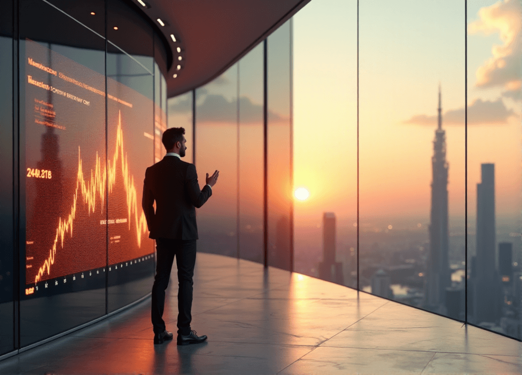 "A confident business executive stands in front of a high-rise building, gesturing towards a digital display showcasing dynamic data-driven insights and analytics, highlighting AI automation skills."