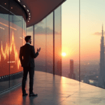 "A confident business executive stands in front of a high-rise building, gesturing towards a digital display showcasing dynamic data-driven insights and analytics, highlighting AI automation skills."
