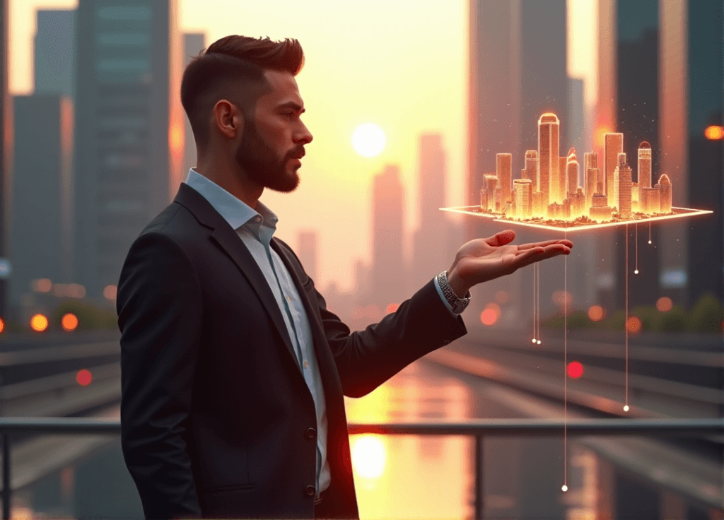 "A business consultant stands confidently in front of a futuristic cityscape at sunset, gesturing towards a holographic display showcasing a thriving metropolis with AI automation skills on full display."