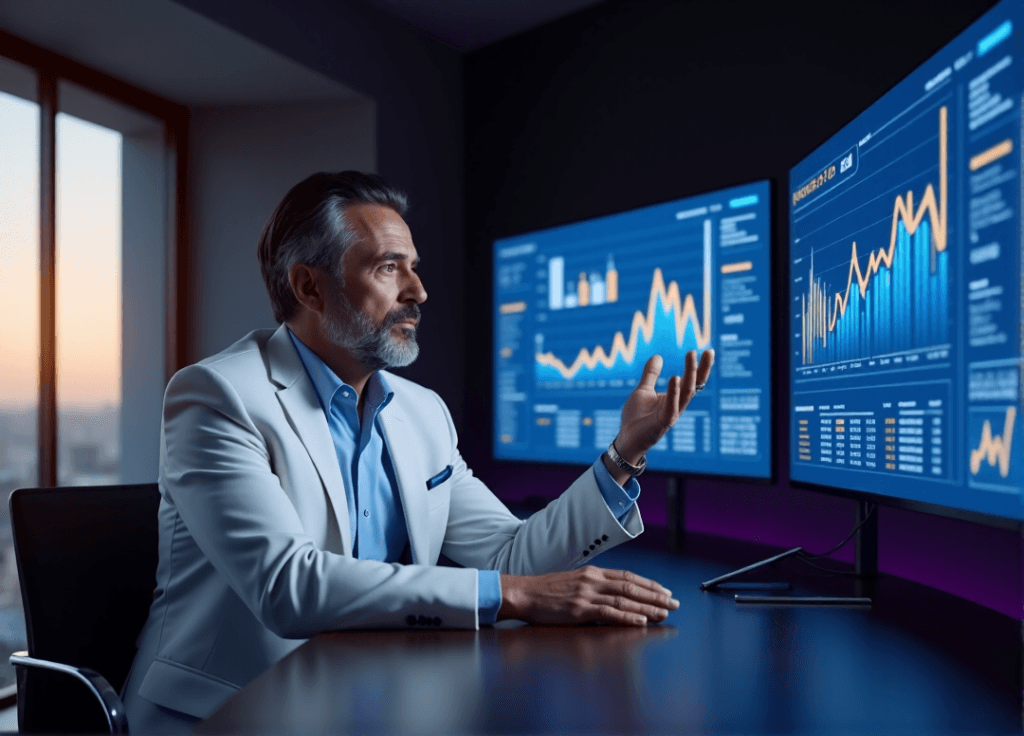"A high-stakes executive gestures confidently at AI-powered market insights on a dark blue background with polished wood conference table and modern artwork."