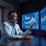 "A high-stakes executive gestures confidently at AI-powered market insights on a dark blue background with polished wood conference table and modern artwork."