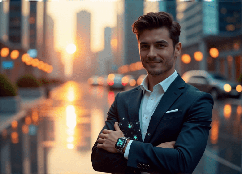 "A young professional stands confidently in front of a futuristic cityscape at sunset, wearing a tailored suit and gazing intently at their AI-powered smartwatch displaying predictive insights."