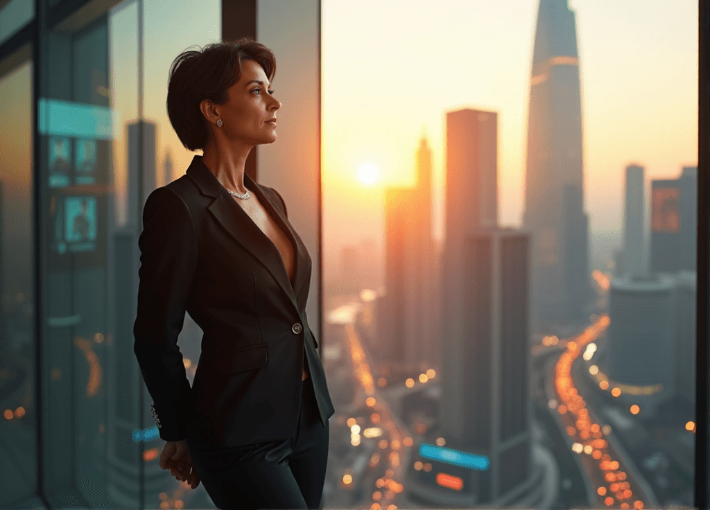 "A confident business executive stands in front of a futuristic high-rise building, surrounded by AI-powered skyscrapers and holographic advertisements, showcasing the potential of AI Automation Skills."