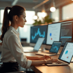 "A young professional sits at a wooden desk surrounded by data visualization tools, contemplating insights with introspective expression."