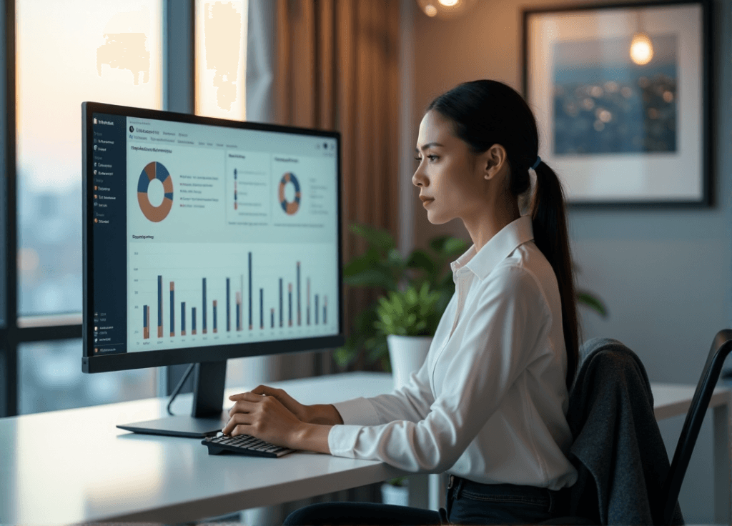 "A young businesswoman intensely studies a data visualization dashboard on her computer screen, showcasing customer sentiment analysis metrics in a modern office setting."