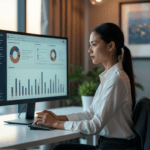 "A young businesswoman intensely studies a data visualization dashboard on her computer screen, showcasing customer sentiment analysis metrics in a modern office setting."