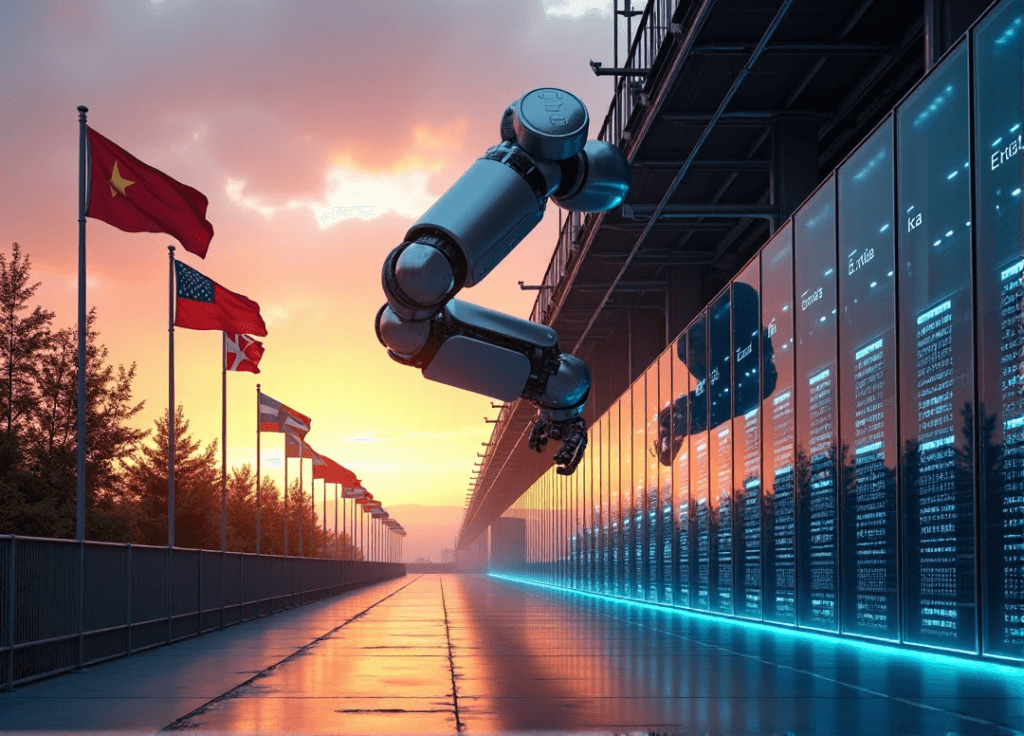 "A futuristic industrial facility at sunset, featuring a sleek robotic arm embracing a server room filled with AI-powered computers."