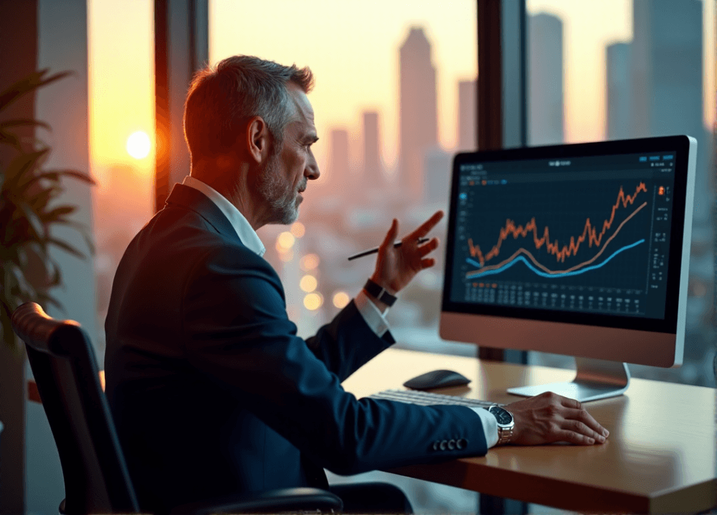 "A middle-aged executive sits confidently at a modern desk, gesturing towards a data visualization graph on their computer screen, exuding authority and strategic thinking with AI automation skills."