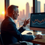 "A middle-aged executive sits confidently at a modern desk, gesturing towards a data visualization graph on their computer screen, exuding authority and strategic thinking with AI automation skills."