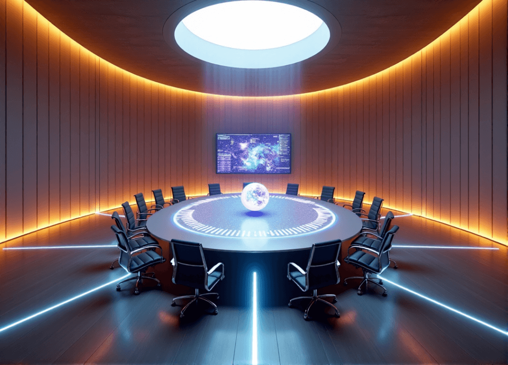 "A futuristic business conference room featuring an AI-powered navigation system with a glowing crystal-like orb interface, surrounded by modern furniture in warm golden light."