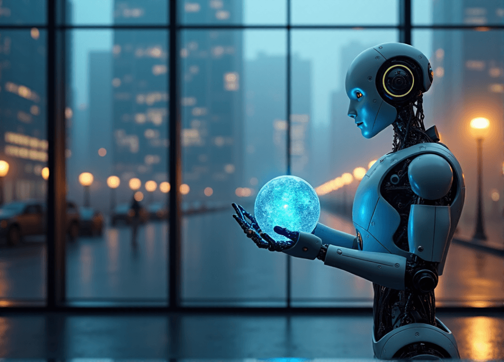 "A futuristic robotic arm emerges from a conference room, grasping an AI-powered blue orb amidst a cityscape at dusk, symbolizing business transformation through AI automation skills."