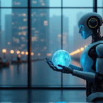 "A futuristic robotic arm emerges from a conference room, grasping an AI-powered blue orb amidst a cityscape at dusk, symbolizing business transformation through AI automation skills."