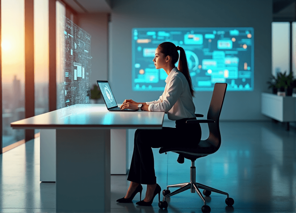 "A young professional woman sits confidently at a modern desk surrounded by cutting-edge technology, focusing on AI-driven data visualizations projected above her."