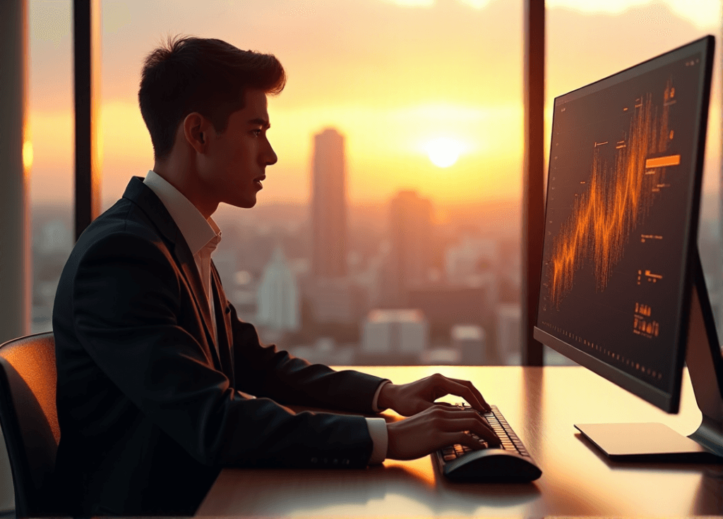 "A young professional intensely focuses on a data visualization graph on their computer screen in a high-tech office with a cityscape view at sunset."