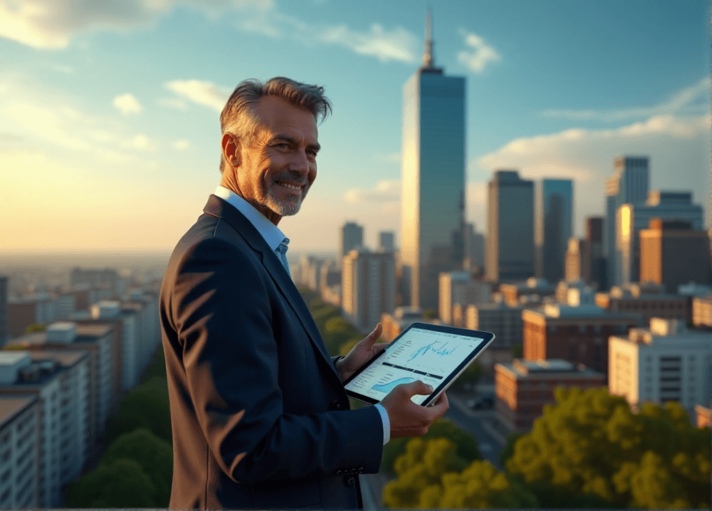 "A middle-aged executive stands confidently on a rooftop, holding a tablet displaying financial data, amidst a bustling cityscape at golden hour."