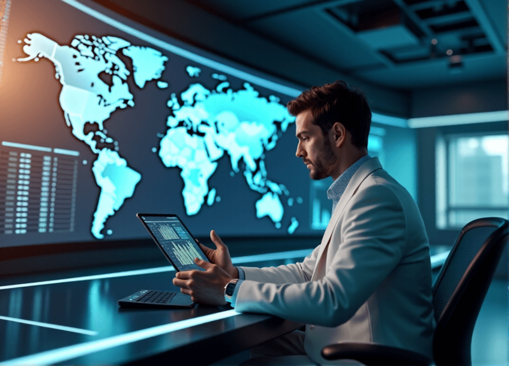 "A high-tech control room scene featuring a focused professional studying market trends on a tablet amidst rows of servers and data terminals."