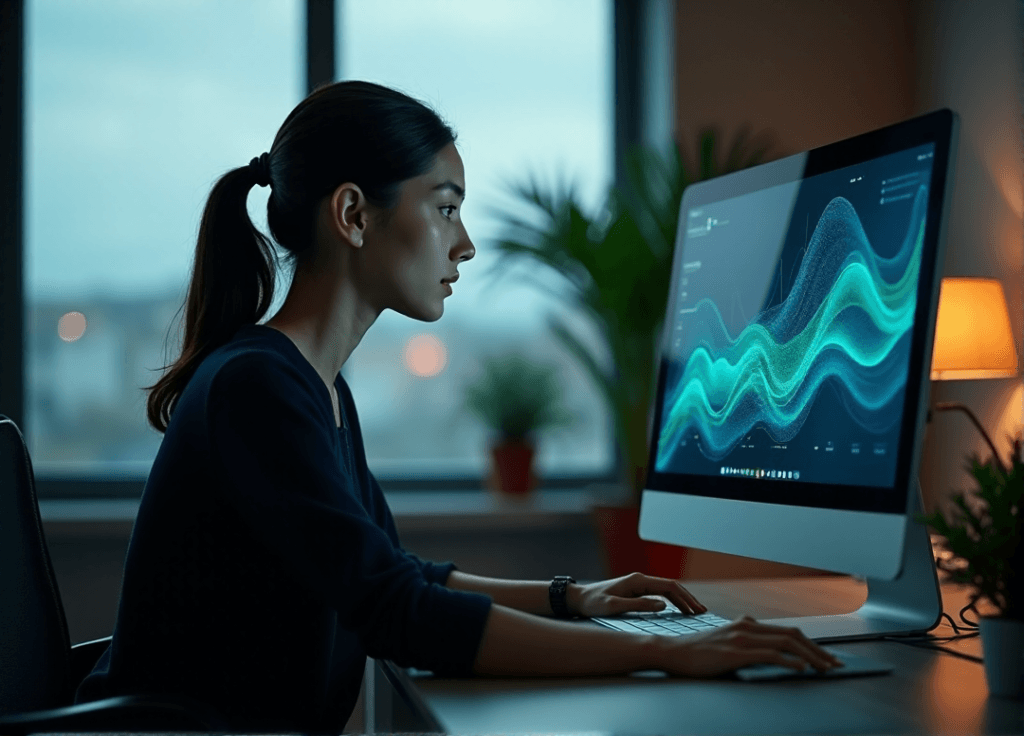 "A young woman intensely focused on a data visualization graph displayed on her computer screen, surrounded by a minimalist office with soft natural light."
