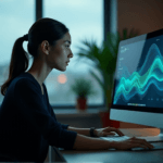 "A young woman intensely focused on a data visualization graph displayed on her computer screen, surrounded by a minimalist office with soft natural light."